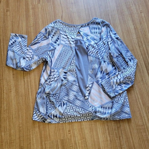 Chicos Top 3 Womens XL Blue Patchwork Print Open Back Sheer Casual Long Sleeve - Picture 6 of 6